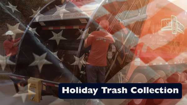 Garbage workers load waste into a truck, overlaid with a translucent American flag; bold text reads “Holiday Trash Collection.”