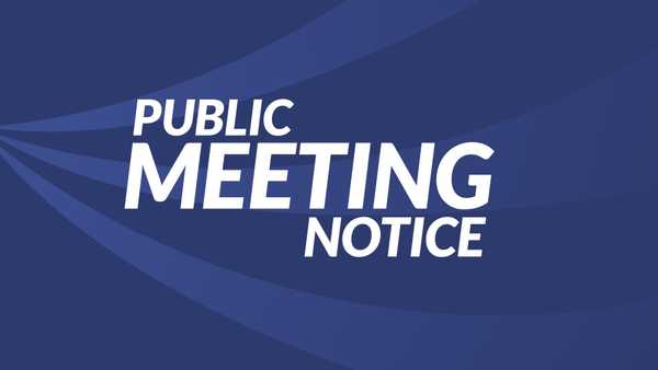 Graphic with white text reading PUBLIC MEETING NOTICE centered on a blue background with subtle, light blue curved waves or swooshes.